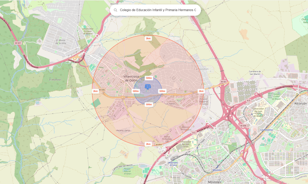 Mapa de Villaviciosa de Odón con el radio de 5 km del área de beneficio, centrado en el CEIP Hermanos García Noblejas
